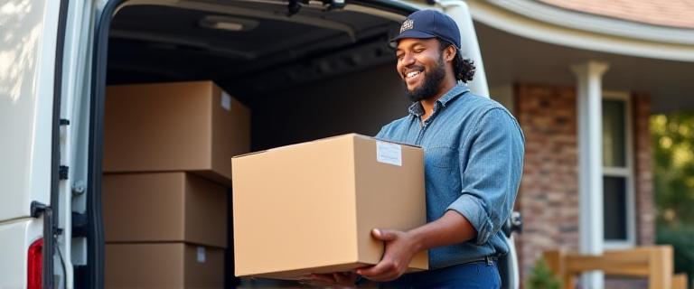 Last-mile delivery driver unloading ecommerce parcels at Mississippi address